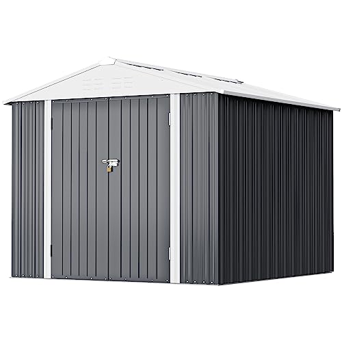 Greesum Metal Outdoor Storage Shed 8FT x 6FT, Steel Utility Tool Shed Storage House with Door & Lock, Metal Sheds Outdoor Storage for Backyard Garden Patio Lawn, Gray