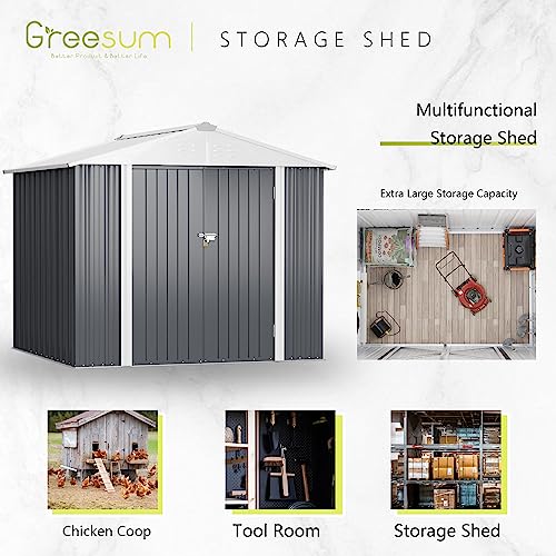 Greesum Metal Outdoor Storage Shed 8FT x 6FT, Steel Utility Tool Shed Storage House with Door & Lock, Metal Sheds Outdoor Storage for Backyard Garden Patio Lawn, Gray