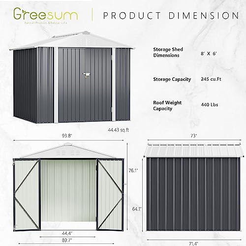 Greesum Metal Outdoor Storage Shed 8FT x 6FT, Steel Utility Tool Shed Storage House with Door & Lock, Metal Sheds Outdoor Storage for Backyard Garden Patio Lawn, Gray
