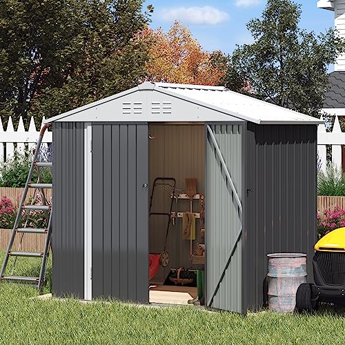 Greesum Metal Outdoor Storage Shed 8FT x 6FT, Steel Utility Tool Shed Storage House with Door & Lock, Metal Sheds Outdoor Storage for Backyard Garden Patio Lawn, Gray