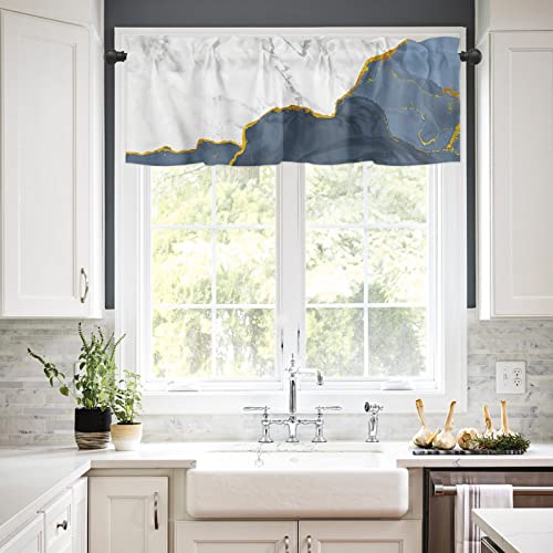 Zadaling Valance Curtain for Kitchen,Wild Marble Pattern Gold Blue White Ombre Window Valance for Living Room Scroll,Rod Pocket Valances for Bedroom Decor,Window Treatment Valance 1 Panel 18" x 42"