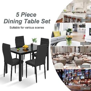 Recaceik Dining Table Set for 4, Kitchen Table and Chairs for 4, Glass Dining Room Table Set with 4 PU Leather Upholstered Chairs Modern Small Dinner Table Set Breakfast Table for Home, Black