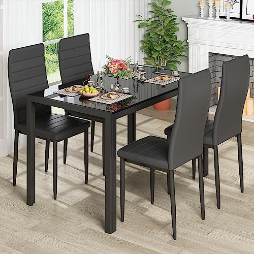 Recaceik Dining Table Set for 4, Kitchen Table and Chairs for 4, Glass Dining Room Table Set with 4 PU Leather Upholstered Chairs Modern Small Dinner Table Set Breakfast Table for Home, Black