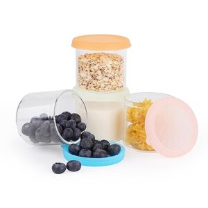 kieaisy glass snack containers, 4x5oz small glass food storage jars, portable kids lunch containers with silicon lids, condiment container with lids | reusable & microwave & dishwasher safe