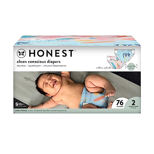 The Honest Company Clean Conscious Diapers | Plant -Based, Sustainable | Summer '23 Limited Edition Prints | Club Box, Size 2 (12-18 lbs), 76 Count