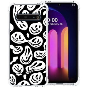 zaztify phone case for lg v60 thinq/thinq 5g uw, black white funny trippy dripping smile melted hippie smiling skull ghost face cute shockproof protective soft clear cover shell