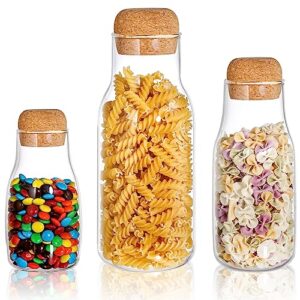 youeon 3 pack glass jars with cork lid, 5/10/24 oz glass storage containers, clear candy jars, small glass carafe with cork stopper, multi use for coffee, tea, sugar, spice, drinks