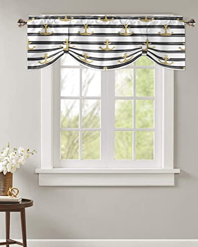 OneHoney Tie Up Curtain Valances Window Topper,Shade Valance for Kitchen Windows Nautical Theme Gold Anchor Rod Pocket Tie-up Curtains Window Treatment Drapes Black White Stripes 1 Panel-42 x18