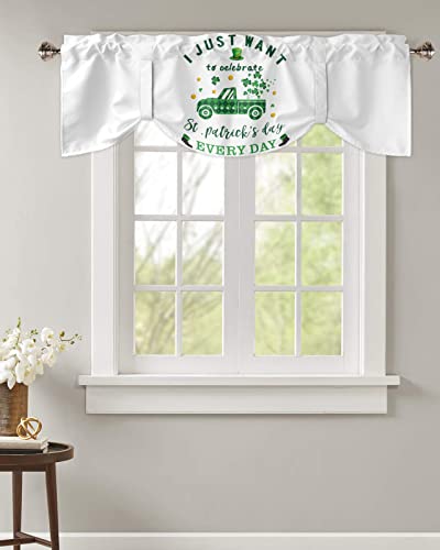 Tie Up Curtain Valances Window Topper,Shade Valance for Kitchen Windows St. Patrick's Day Plaid Truck with Clover and Gold Coins Rod Pocket Tie-up Curtains Window Treatment Drapes White 42"x18"