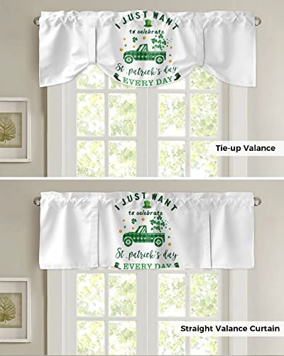 Tie Up Curtain Valances Window Topper,Shade Valance for Kitchen Windows St. Patrick's Day Plaid Truck with Clover and Gold Coins Rod Pocket Tie-up Curtains Window Treatment Drapes White 42"x18"