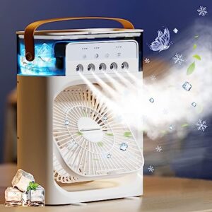portable air conditioners fan, 4-in-1 personal mini cooling unit with 3-speeds, 5 misting holes, 7-color light, usb handle, auto timer, ideal for room, office, travel (white)