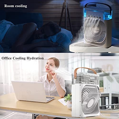 Portable Air Conditioners Fan, 4-IN-1 Personal Mini Cooling Unit with 3-Speeds, 5 Misting Holes, 7-Color Light, USB Handle, Auto Timer, Ideal for Room, Office, Travel (White)