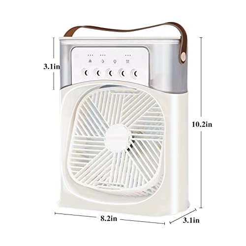 Portable Air Conditioners Fan, 4-IN-1 Personal Mini Cooling Unit with 3-Speeds, 5 Misting Holes, 7-Color Light, USB Handle, Auto Timer, Ideal for Room, Office, Travel (White)