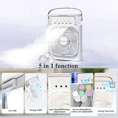 Portable Air Conditioners Fan, 4-IN-1 Personal Mini Cooling Unit with 3-Speeds, 5 Misting Holes, 7-Color Light, USB Handle, Auto Timer, Ideal for Room, Office, Travel (White)