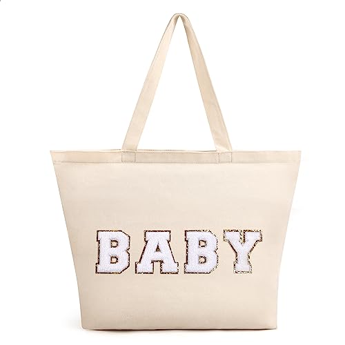 Chenille Letter Canvas Tote Baby Bag for Mom, Large Preppy Patch Shoulder Handbag with Zipper Handle, Cute Makeup Bag Portable Diaper Tote Hospital Bags Essentials for Labor and Delivery Gift(BABY)