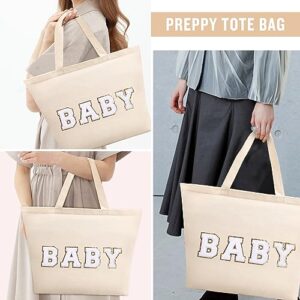 Chenille Letter Canvas Tote Baby Bag for Mom, Large Preppy Patch Shoulder Handbag with Zipper Handle, Cute Makeup Bag Portable Diaper Tote Hospital Bags Essentials for Labor and Delivery Gift(BABY)