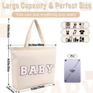 Chenille Letter Canvas Tote Baby Bag for Mom, Large Preppy Patch Shoulder Handbag with Zipper Handle, Cute Makeup Bag Portable Diaper Tote Hospital Bags Essentials for Labor and Delivery Gift(BABY)