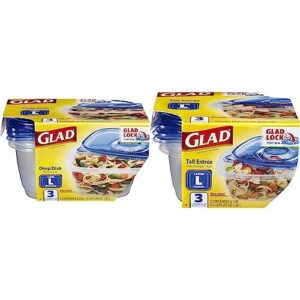 gladware deep dish food storage containers, 3 count, standard & gladware tall entrée food storage containers | large square containers for food hold up to 42 ounces of food, 3 count