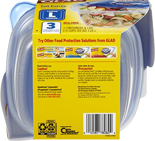 GladWare Deep Dish Food Storage Containers, 3 Count, Standard & GladWare Tall Entrée Food Storage Containers | Large Square Containers for Food Hold up to 42 Ounces of Food, 3 Count