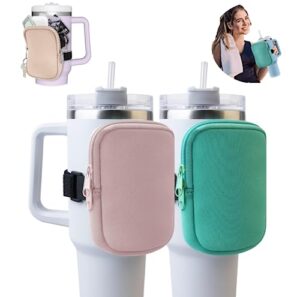 sapyony 2pcs water bottle pouch for stanley quencher adventure 40oz & stanley iceflow 20oz 30oz,tumbler pouch with pocket, for cards, keys, wallet, earphone,compact, versatile(khaki, lake green)