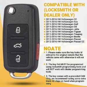 Montgopest Key Fob Keyless Entry Remote Compatible with VW Volkswagen 2011-2016 CC Eos Golf GTI Jetta Tiguan Touareg/2012-2016 Beetle Passat Passat CC NBG010180T 4 Buttons Flip Key- Pack of 2