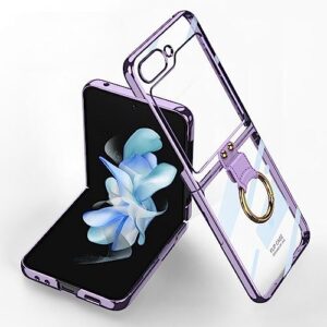 baili for samsung galaxy z flip5 cover with ring,crystal hard pc galaxy z flip 5 case with small screen hd explosion-proof glass film transparent cover for samsung galaxy z flip5-purple