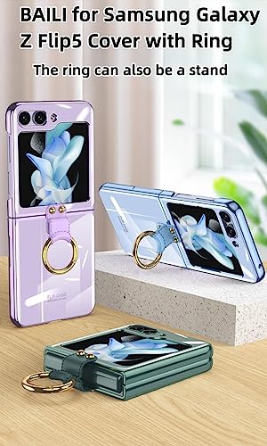 BAILI for Samsung Galaxy Z Flip5 Cover with Ring,Crystal Hard PC Galaxy Z Flip 5 Case with Small Screen HD Explosion-Proof Glass Film Transparent Cover for Samsung Galaxy Z Flip5-Purple