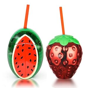 2 pcs,watermelon and strawberry disco ball cups with red straw,for party, removable and reusable,at the seaside and pool.