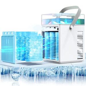 portable air conditioner fan, rechargeable 4-in-1 personal mini cooler humidifier, 3-speed evaporative air cooler with 7 color lights, cordless ac desktop spray fan, quiet desktop cooling fan