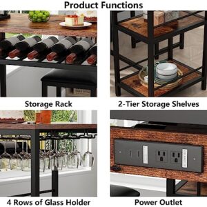 Gyfimoie Bar Table and Chairs Set with Power Outlet, Pub Table and Chairs Set for 2 with 2 Storage Shelves, 3 Piece Table Set with Wine Rack & Glass Holder for Living Room, Dining Room, Small Apt