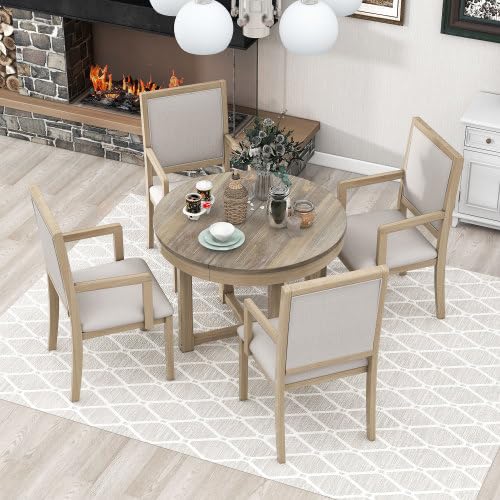 Bellemave Dining Table Set for 4 Round Extendable Dining Room Table and Chairs Set of 4, Wood Farmhouse Dinner Table Set, 5 Piece Modern Kitchen Table and Chairs, Natural Wood Wash