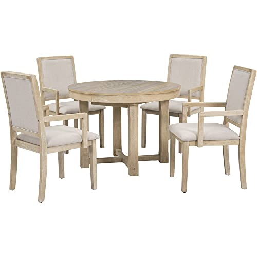 Bellemave Dining Table Set for 4 Round Extendable Dining Room Table and Chairs Set of 4, Wood Farmhouse Dinner Table Set, 5 Piece Modern Kitchen Table and Chairs, Natural Wood Wash