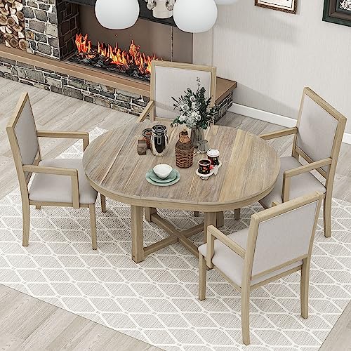 Bellemave Dining Table Set for 4 Round Extendable Dining Room Table and Chairs Set of 4, Wood Farmhouse Dinner Table Set, 5 Piece Modern Kitchen Table and Chairs, Natural Wood Wash