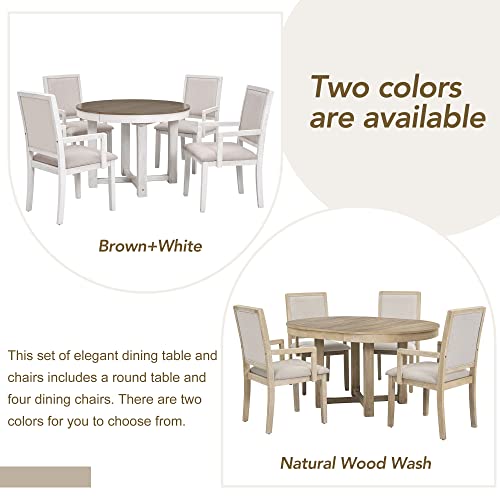 Bellemave Dining Table Set for 4 Round Extendable Dining Room Table and Chairs Set of 4, Wood Farmhouse Dinner Table Set, 5 Piece Modern Kitchen Table and Chairs, Natural Wood Wash