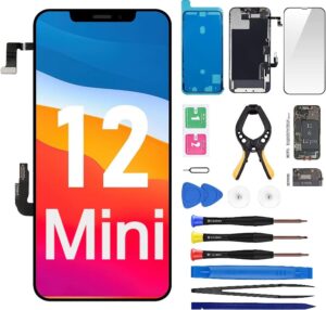 iphone 12 mini screen replacement kit, lcd cellular glass display repair digitizer 5.4 inch touch screen with repair kit + screen protector