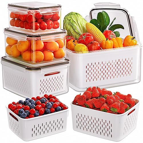 4-Pack Fruit Storage Containers for Fridge with Removable Colanders, 4 in 1 Produce Storage Containers for Refrigerator, Food Storage Container with Lid for Salad Berry Lettuce Vegetables Meat Keeper