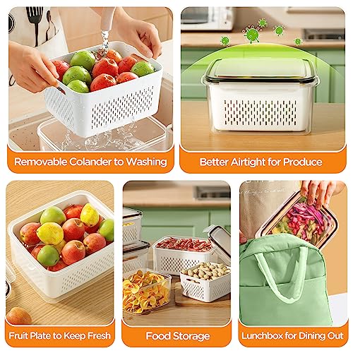 4-Pack Fruit Storage Containers for Fridge with Removable Colanders, 4 in 1 Produce Storage Containers for Refrigerator, Food Storage Container with Lid for Salad Berry Lettuce Vegetables Meat Keeper