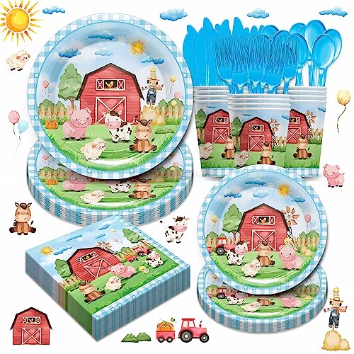 Piooluialy Farm Animal Party Supplies Tableware Set - Farm Birthday Baby Shower Decorations Include Dinner Plates, Cups, Napkins, Cutlery, Farm House Animal Barnyard Theme Party Supplies | Serves 24