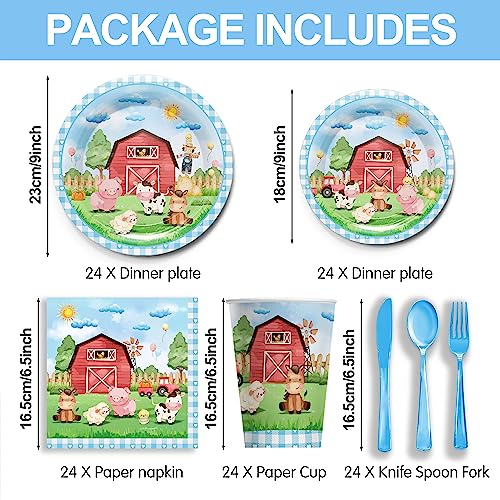 Piooluialy Farm Animal Party Supplies Tableware Set - Farm Birthday Baby Shower Decorations Include Dinner Plates, Cups, Napkins, Cutlery, Farm House Animal Barnyard Theme Party Supplies | Serves 24