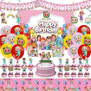 pink cartoon party decorations, birthday party supplies party kit for girls include happy birthday banner, backdrop, balloons, cake topper, hanging swirls, stickers, tablecloth