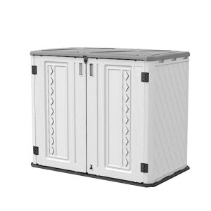 addok outdoor horizontal storage cabinet,outdoor storage sheds waterproof/lockable,resin outdoor storage cabinet for trash can/patio/garden accessories(simple white)