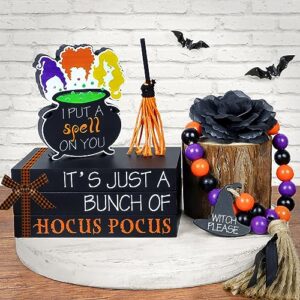 hocus pocus halloween decorations for home indoor - 1 set of halloween wooden faux book stack, 1 sanderson sisters witches cauldron sign, 1 bead garland & 1 broom, halloween table tiered tray decor