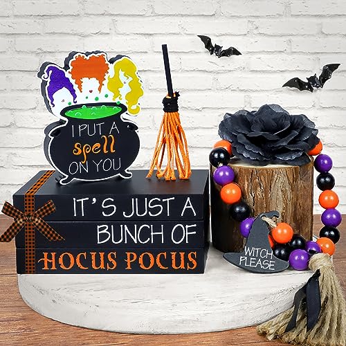 Hocus Pocus Halloween Decorations for Home Indoor - 1 Set of Halloween Wooden Faux Book Stack, 1 Sanderson Sisters Witches Cauldron Sign, 1 Bead Garland & 1 Broom, Halloween Table Tiered Tray Decor