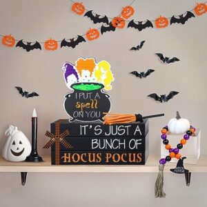 Hocus Pocus Halloween Decorations for Home Indoor - 1 Set of Halloween Wooden Faux Book Stack, 1 Sanderson Sisters Witches Cauldron Sign, 1 Bead Garland & 1 Broom, Halloween Table Tiered Tray Decor