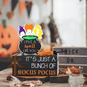 Hocus Pocus Halloween Decorations for Home Indoor - 1 Set of Halloween Wooden Faux Book Stack, 1 Sanderson Sisters Witches Cauldron Sign, 1 Bead Garland & 1 Broom, Halloween Table Tiered Tray Decor