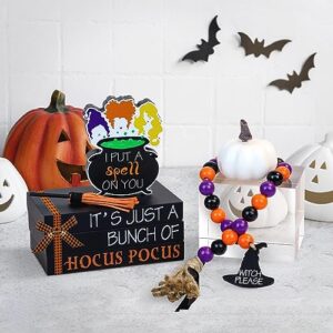 Hocus Pocus Halloween Decorations for Home Indoor - 1 Set of Halloween Wooden Faux Book Stack, 1 Sanderson Sisters Witches Cauldron Sign, 1 Bead Garland & 1 Broom, Halloween Table Tiered Tray Decor