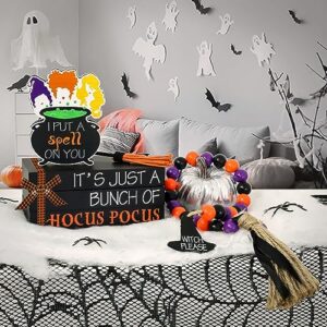 Hocus Pocus Halloween Decorations for Home Indoor - 1 Set of Halloween Wooden Faux Book Stack, 1 Sanderson Sisters Witches Cauldron Sign, 1 Bead Garland & 1 Broom, Halloween Table Tiered Tray Decor