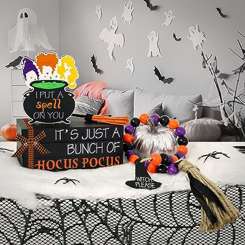 Hocus Pocus Halloween Decorations for Home Indoor - 1 Set of Halloween Wooden Faux Book Stack, 1 Sanderson Sisters Witches Cauldron Sign, 1 Bead Garland & 1 Broom, Halloween Table Tiered Tray Decor
