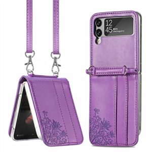 eaxer design for samsung galaxy z flip 4 case, pu leather card slot folding case cover hand strap wallet case crossbody strap protective case cover (purple)