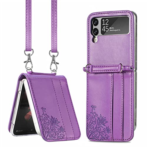 EAXER Design for Samsung Galaxy Z Flip 4 Case, PU Leather Card Slot Folding Case Cover Hand Strap Wallet Case Crossbody Strap Protective Case Cover (Purple)